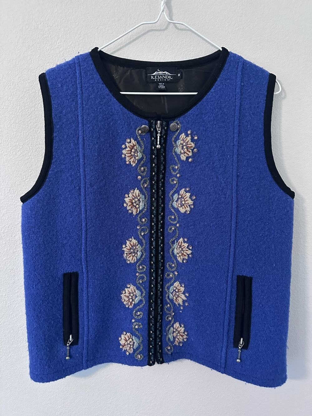 Vintage Icelandic Design Embroidered Blue 100% Wool Vest with Floral Trim pocket